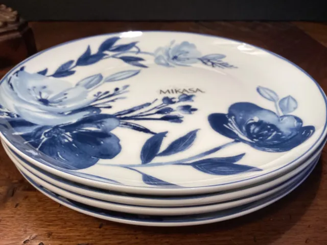 4 Mikasa DARCY Salad Plates Blue & White Floral Bone China 9” NEW