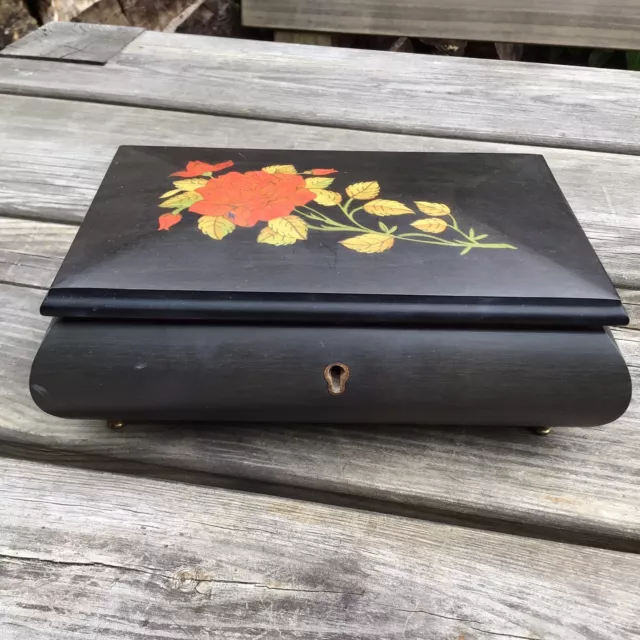 Vintage Italian Marquetry Rose Design Wooden Musical Table Top Jewellery Box