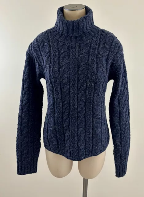 ARAN CRAFTS Women Medium Dark Blue Merino Wool Cable Knit Turtleneck L/S Sweater