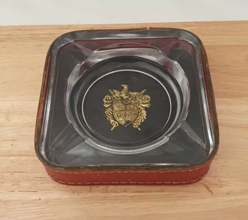 Vintage Crown Corning  Ashtray - Glass & Leather Case