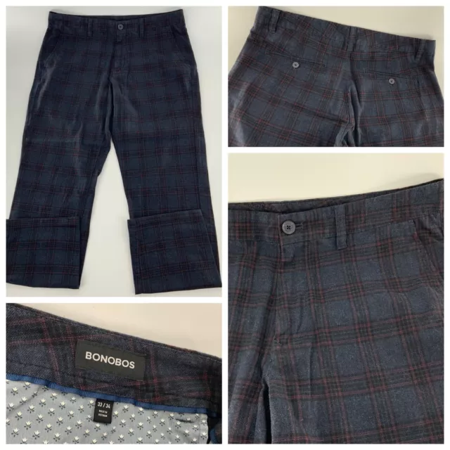 Bonobos Slim Fit Pants 34x30 Blue Plaid Cotton Linen Lycra Flat Front YGI X3-81