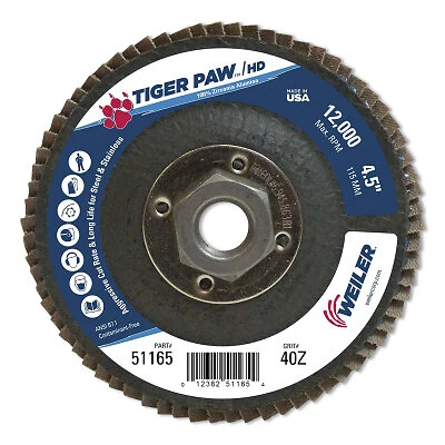 Tiger Paw™ Super High Density Flap Disc, 4-1/2 In, 40 Grit, 5/8 Arbor, 12,000