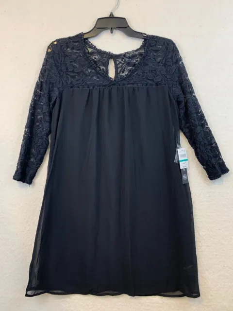 NWT AS U WISH Women's Plain Black Floral Lace Pullover Lined Dress Long Sleeve M