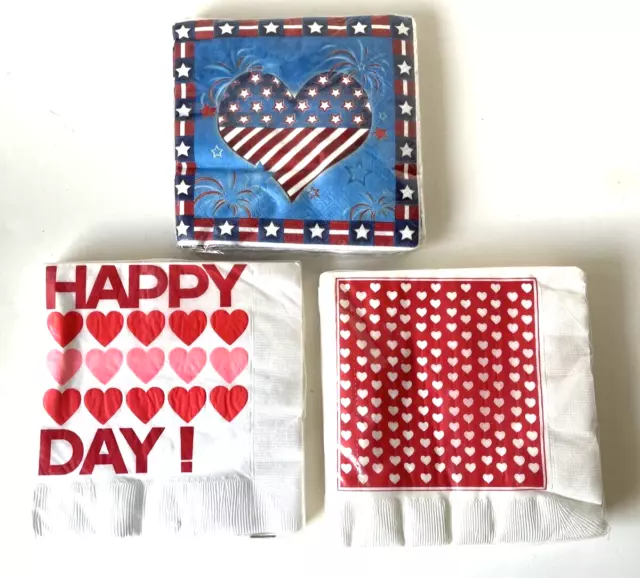 Lot 3 Packages Valentines Day Luncheon Napkins Pink Red Hearts Love+July 4th Hrt