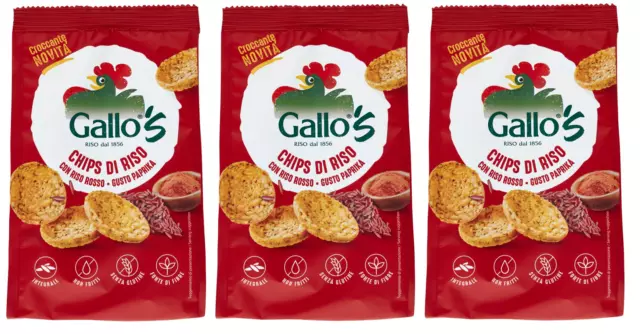3x Riso Gallo Chips Riso Rosso,Snack Vollkorn Rotem Reis Paprika Geschmack 40g