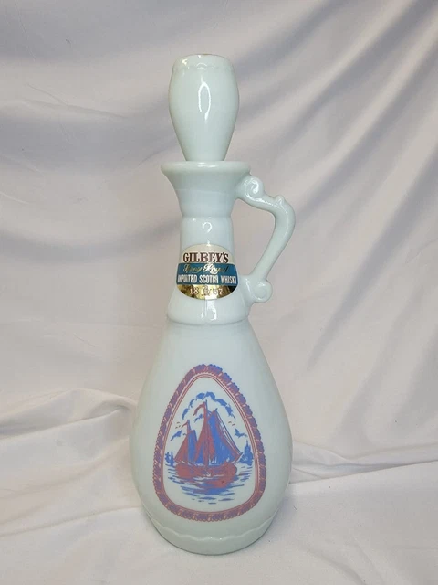 Vintage 12.75" H Gilbey's Scotch Whisky Decanter Blue Dutch Windmill Sailboats