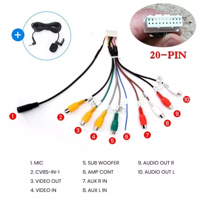 20PIN Car Stereo Radio RCA Output Wire Auxin Adapter Cable + MIC for All Models