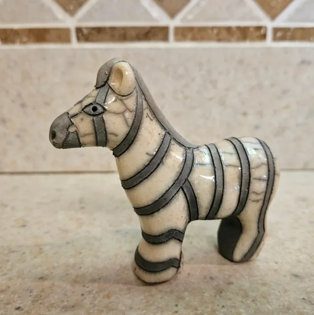 Raku Pottery ZEBRA Figurine Hand Made in South Africa 4 long x 3.5 inch tall