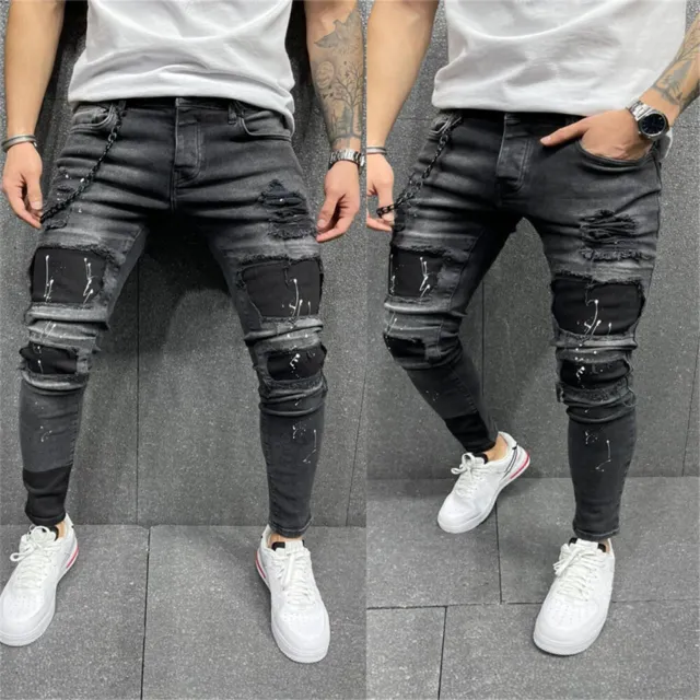 Mens Skinny Ripped Jeans Denim Pants Casual Stretch Slim Fit Hip Hop Trousers