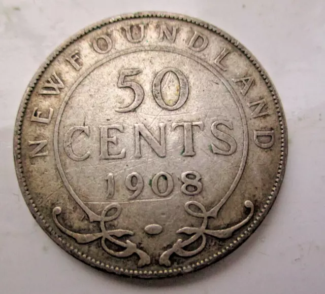 Canada 1908 Edward VII 50 Cents. Newfoundland  STERLING  Silver (.925)