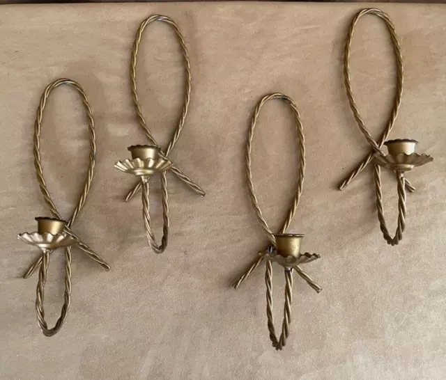 Set of 4 Candle Stick taper Wall Sconces Scroll Vintage Brass twisted Swirl Gold