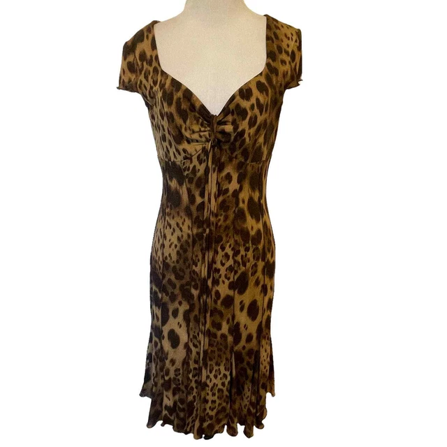 Elana Kattan Women's XS Swing Dress ~ Tan & Brown Leopard Ruched Cap Sleeve