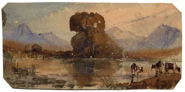 Lake Landscape with Cattle – Miniature early 19th-century watercolour painting