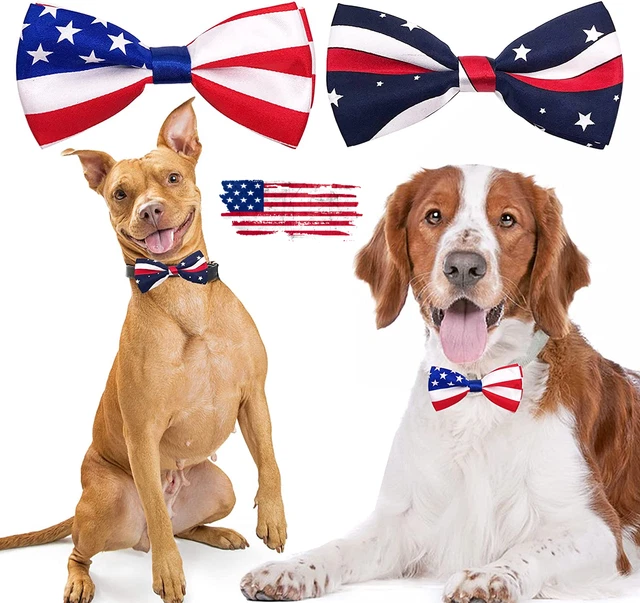 2Pcs US Flag Patriotic Large Dogs Collar Bowties Attachment Slide 14 July 4Th