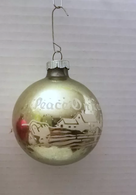 Vintage Shiny Brite "Peace on Earth" Green Stenciled Glass Ball Ornament