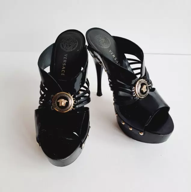 Versace Black Patent Leather Wooden Platform Medusa Sandals Size 37