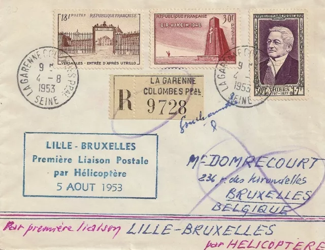 LETTRE 1ere LIAISON PAR HELICOPTERE LILLE - BRUXELLES BELGIQUE 5 AOUT 1953