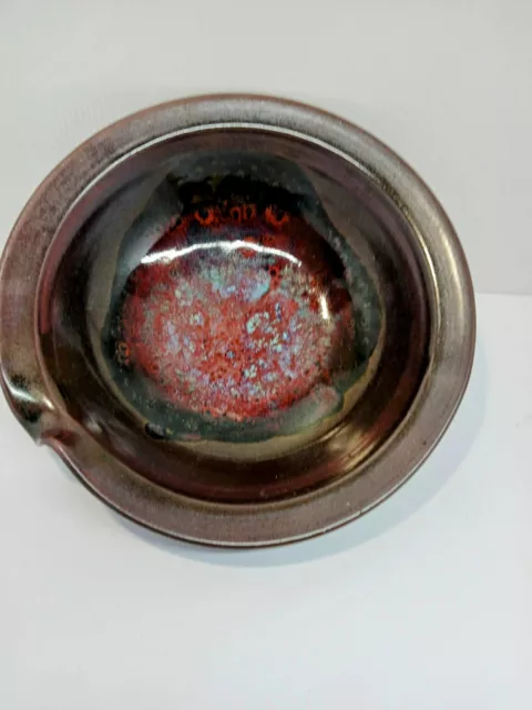 Studio Art Artist Signed Pottery Bowl With Unique Glaze That Resembles An Owl