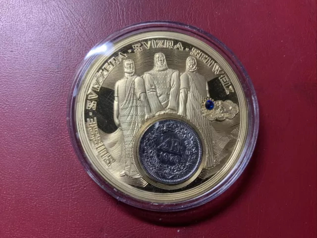Schweiz Medaille  PP/vergoldet/Swarovski mit Inlay 1/2 Franken (41)