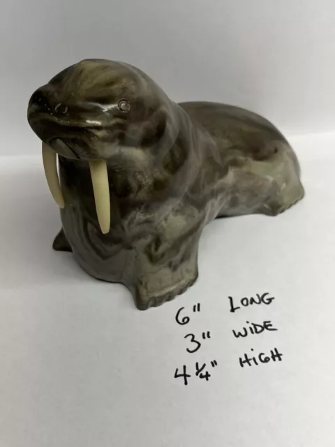 Vtg Arctic Inuit Carved Walrus Soapstone Sculpture With Plastic Tusks 'Thorn' **