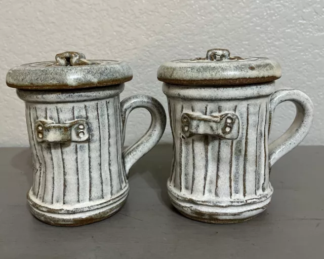 2 Pandemonium Stoneware Trash Garbage Can Gray Glazed Coffee Mugs w/Lids VTG 80s