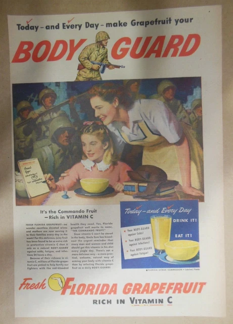 Florida Citrus Fruit Ad: Grapefruit a Body-Guard ! 1940's Size: 11 x 15 inch