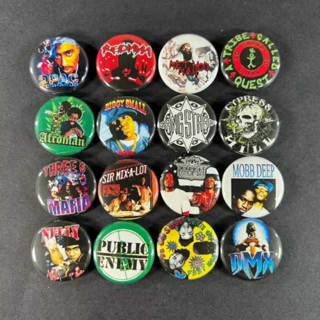 90's Hip Hop 1" Button Pin Set Rap Tupac Biggie (16 pins total)