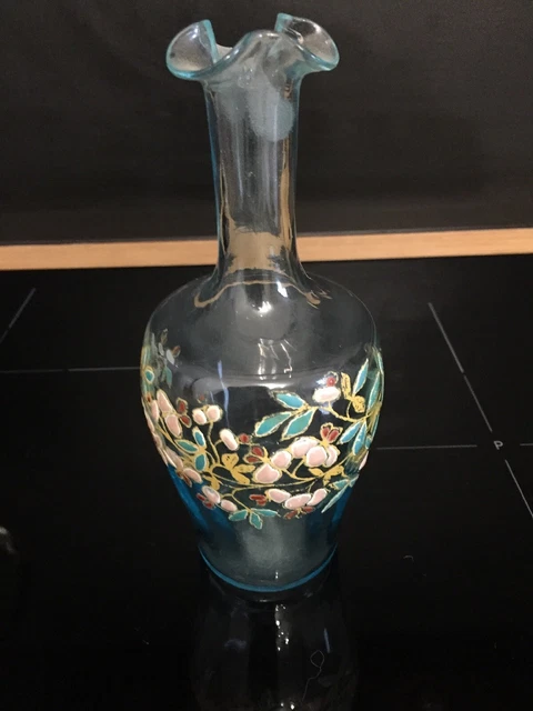 LEGRAS CARAFE  PICHET ART NOUVEAU Verre Bleuté émaillé Fleurs Champêtres