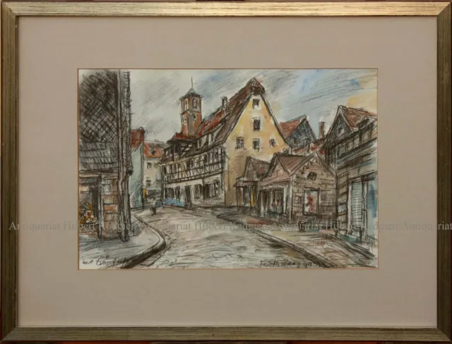 DÖRRFUSS "Die Waaggasse in Fürth" Aquarell Kohlezeichnung von 1970 Rahmen