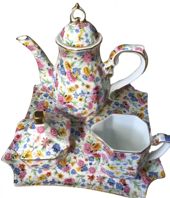 Two’s Company Tray Tea Set Teapot Sugar Bowl Creamer  In Chintz Transfer Pattern