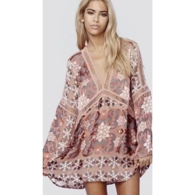 For Love & Lemons Pink Silk Floral Juliet A-Line Mini Dress Women's Size XS