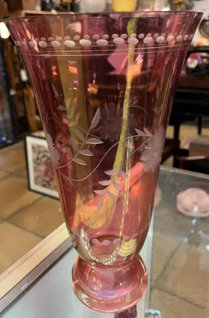 Vintage Cranberry Floral Etched Vase