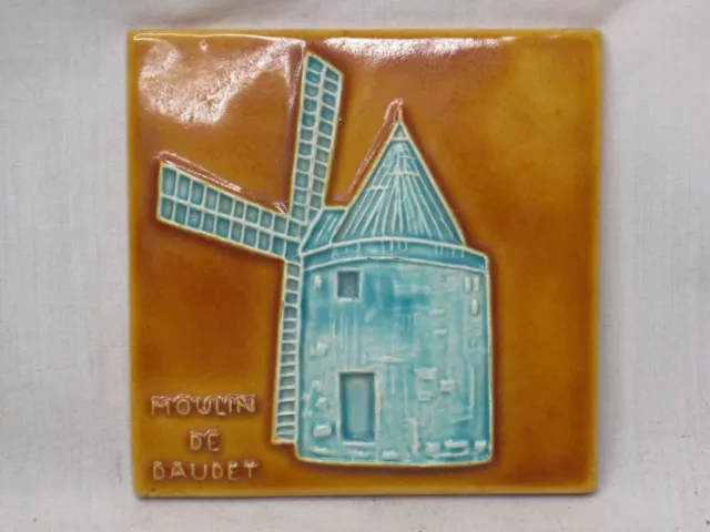 vintage MOULIN DE DAUDET glazed ceramic or porcelain tile windmill detail