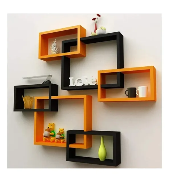 Modern Wooden Intersecting Wall Shelf New Home Wear Set of 6 (Orange and Black)