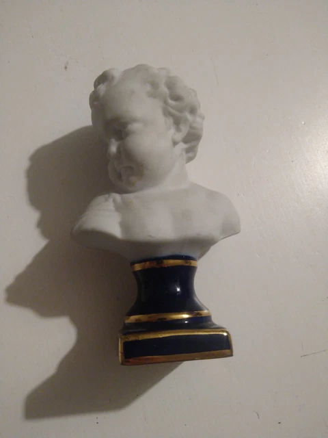 Buste De Chérubin En Biscuit Porcelaine - Socle Bleu Et Or - Objet De Décoration Vintage