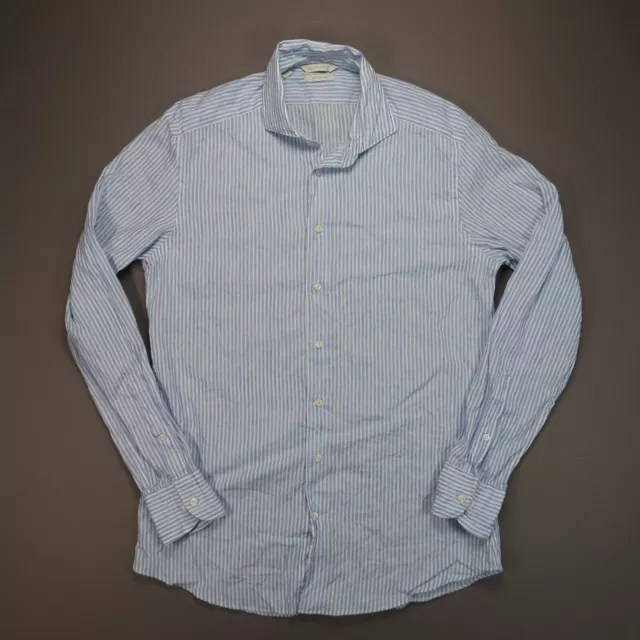 Suitsupply Shirt Mens Medium 15.5 Blue White Striped Linen Cotton Leggiuno
