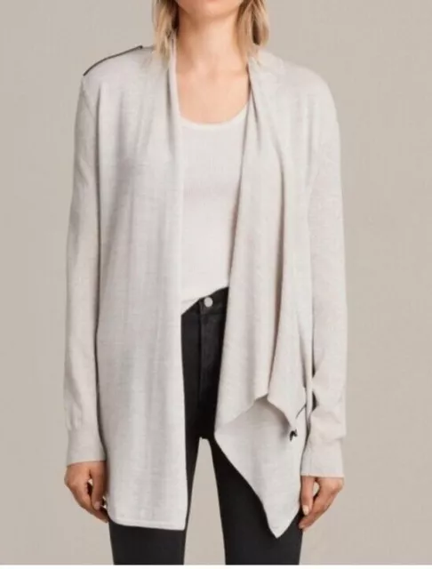 AllSaints Drina Asymmetrical Cardigan Zip 100% Wool Knit Cream Cowl Neck  US 2