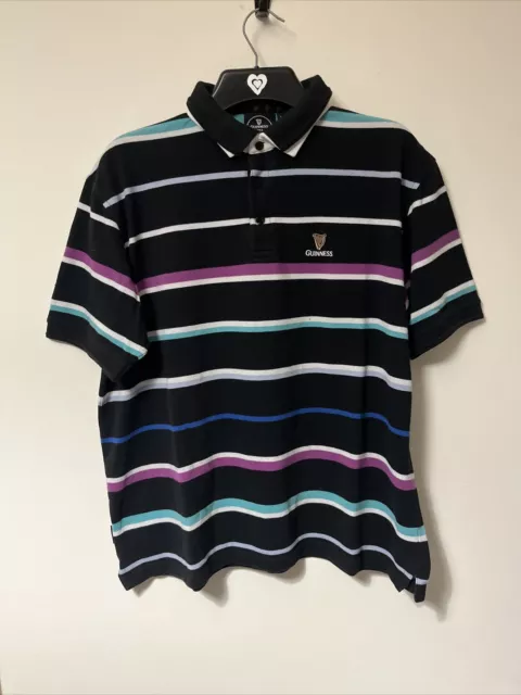 Guinness Polo Shirt Mens Large Black Striped Short Sleeve Rugby