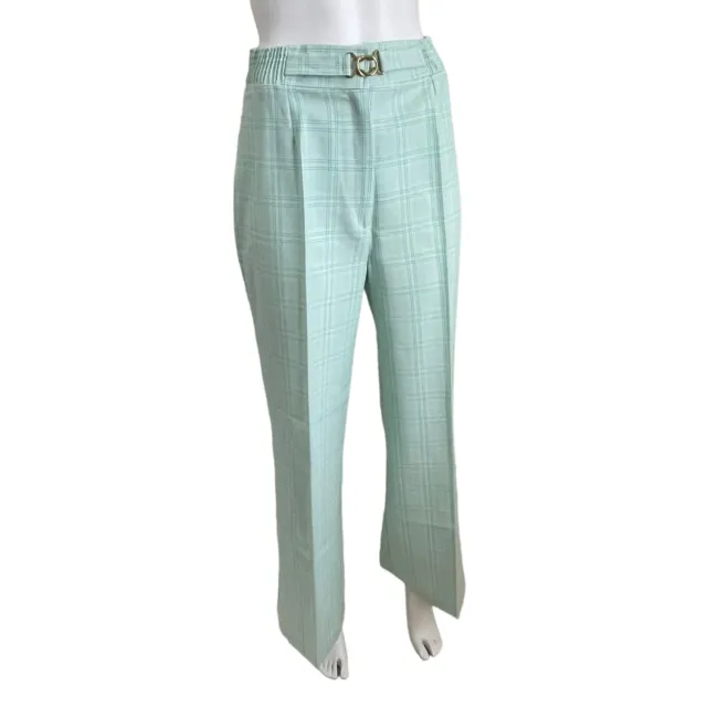 Vintage Pants Green Women Wide Leg Crimpolene Polyester Retro Belted 1970's