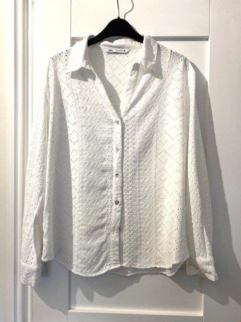 ZARA WHITE BRODERIE Anglaise Long Sleeve Blouse Top Shirt Size M