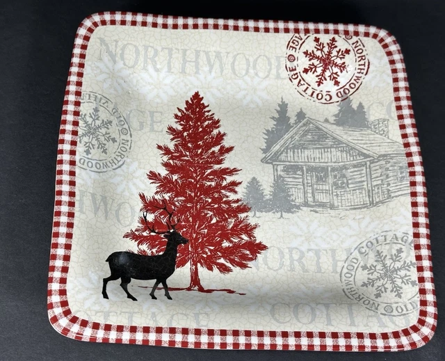 222 FIFTH NORTHWOOD Cottage Square Salad Plate Red White Christmas