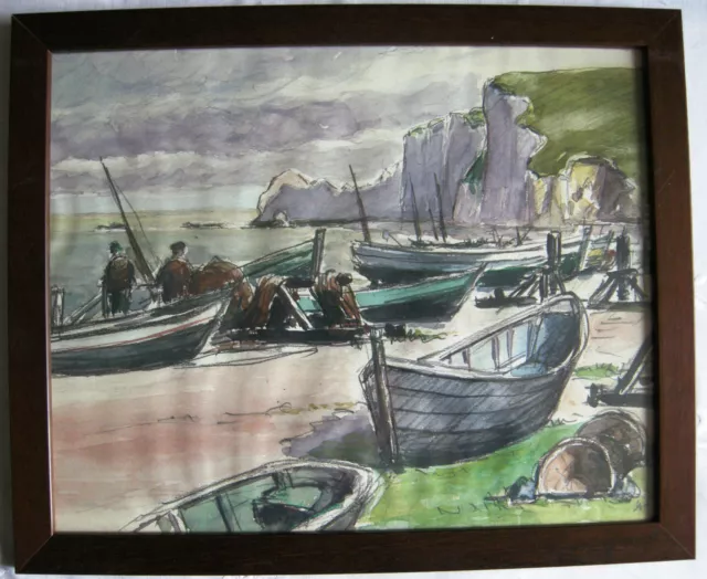 Aquarelle Barques Et Pecheurs Sur La Greve Pres De Falaises