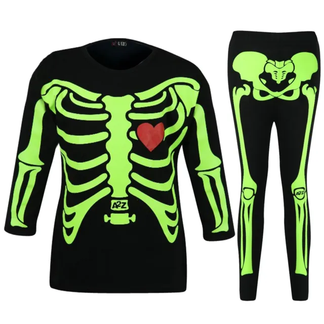 Girls Tops Skeleton Print Neon Green T Shirt Top & Legging Set Halloween Costume