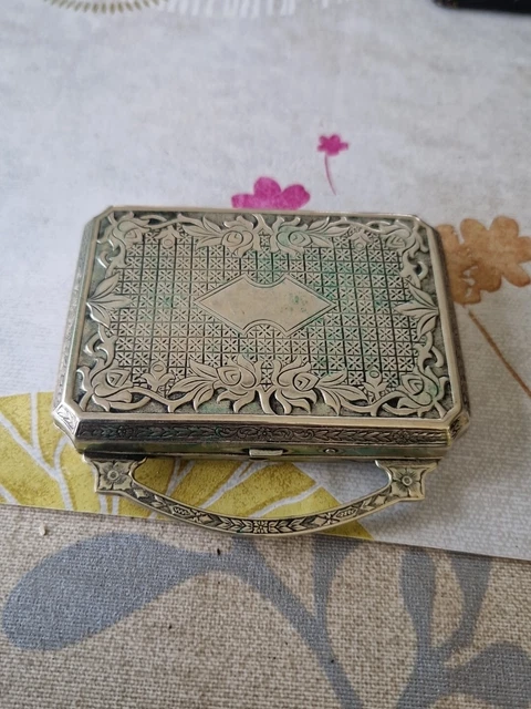 Poudrier Ancien De Marque Dhaussy - Métal Laqué Marron Avec Miroir, 8x8 Cm, Occasion à Restaurer
