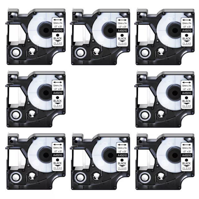 8PK Black on Clear label tape 1/2" 12MM For DYMO D1 45010 12mm x 7m