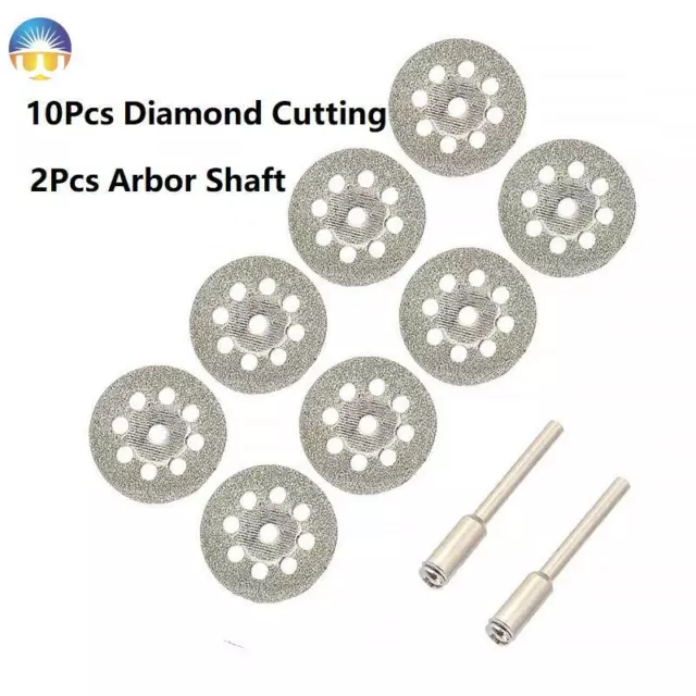 Rotary Tool 10Pcs Diamond Cutting Wheel Discs 16-50mm & 2Pcs Arbor Shaft Blades