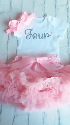 Girls 4th Birthday Four Outfit Tutu Fourth T-Shirt/Vest Party Top Baby Pink