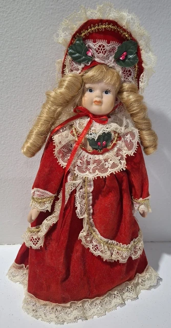 Vtg Victorian 8" Porcelain Collector Doll Curly Blonde Red Velvet Lace Dress Hat