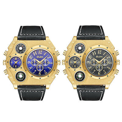 Mens Luxury Sports Two Time Zone Gold Tone Dial Leather Strap Quartz Wrist Watch