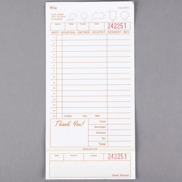 (2000/Case) 3 Part Tan White Carbonless Guest Check with Beverage Lines Receipt